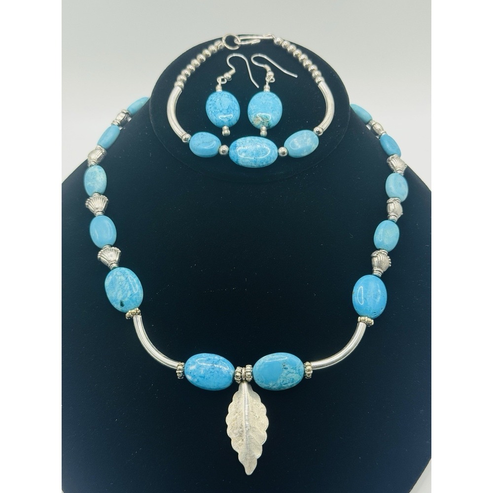 Turquoise Blue Stone Jewelry Set Necklace Bracelet Earrings Leaf Pendant